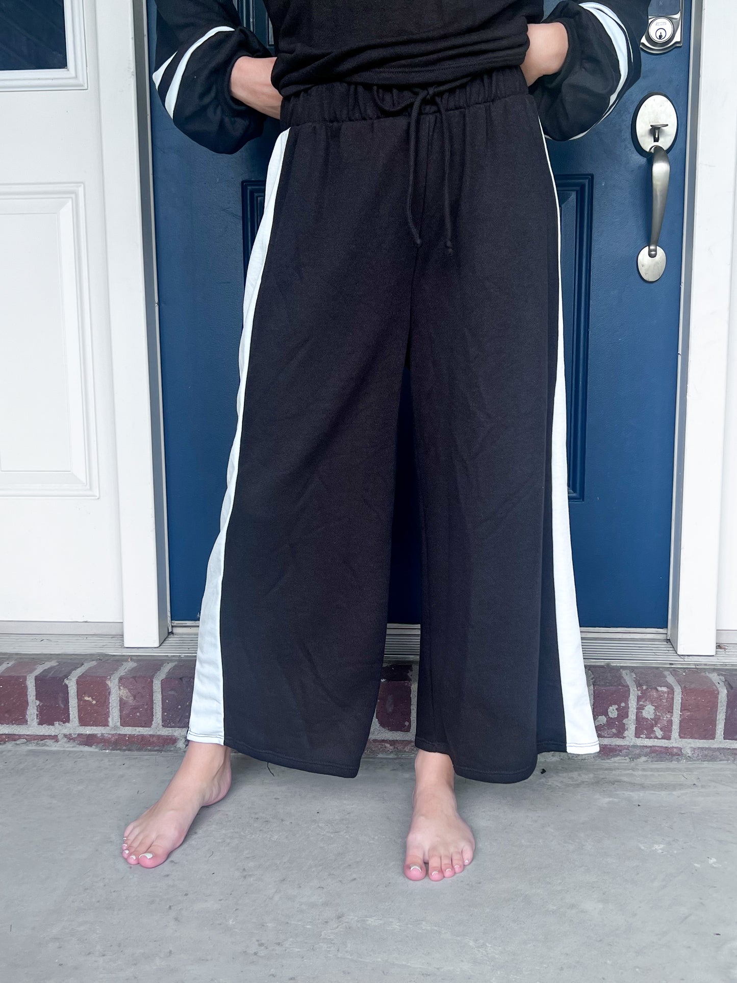 New! Black Wide Leg with White Stripe Pants