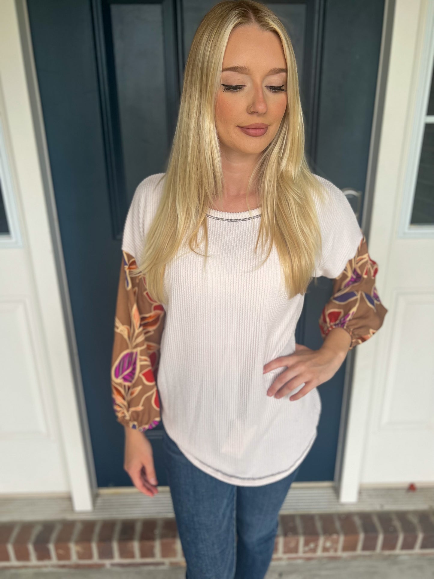 New! Jemma Ivory Corded with Floral Sleeves Top