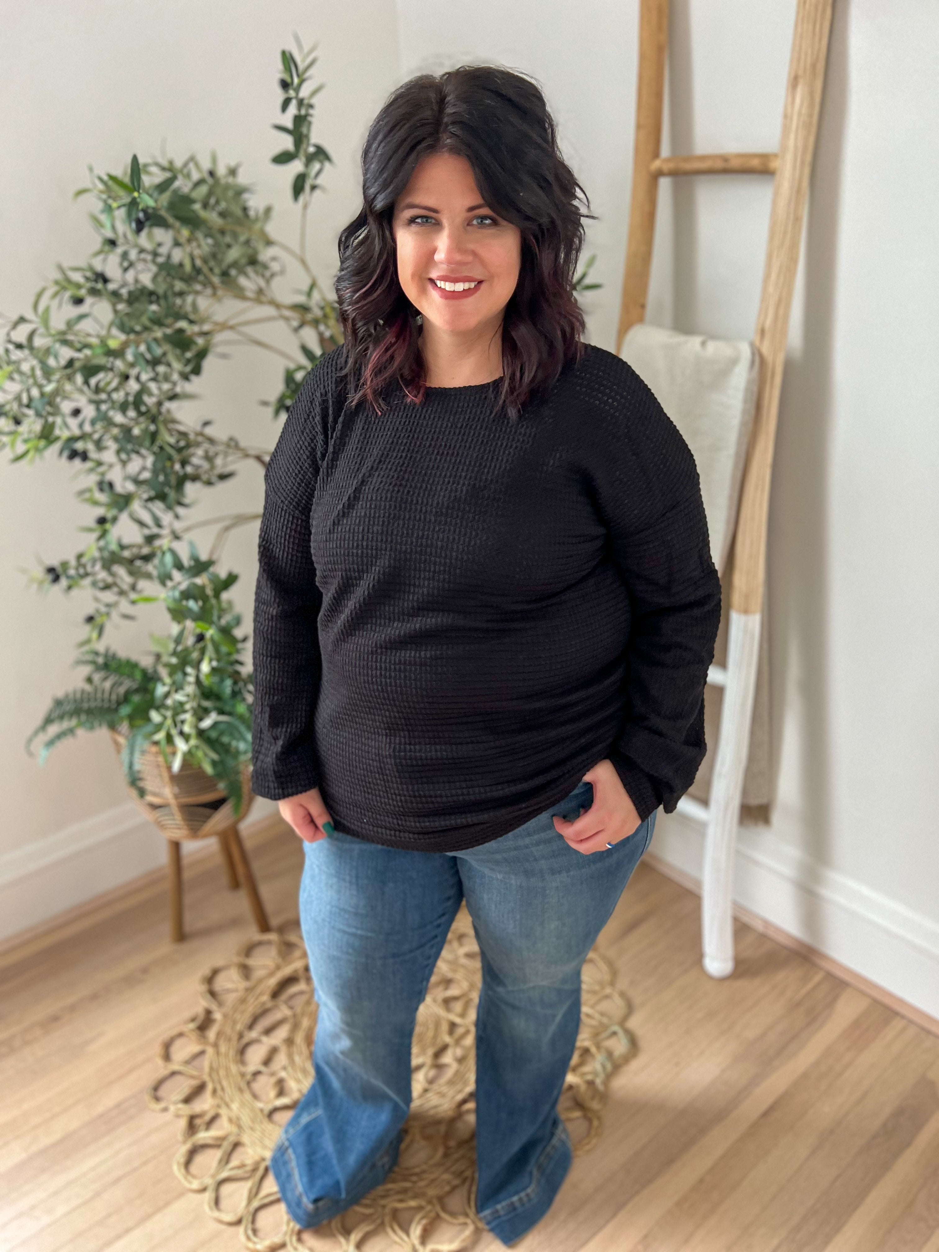 DOORBUSTER Sutton Black Waffle Knit Top