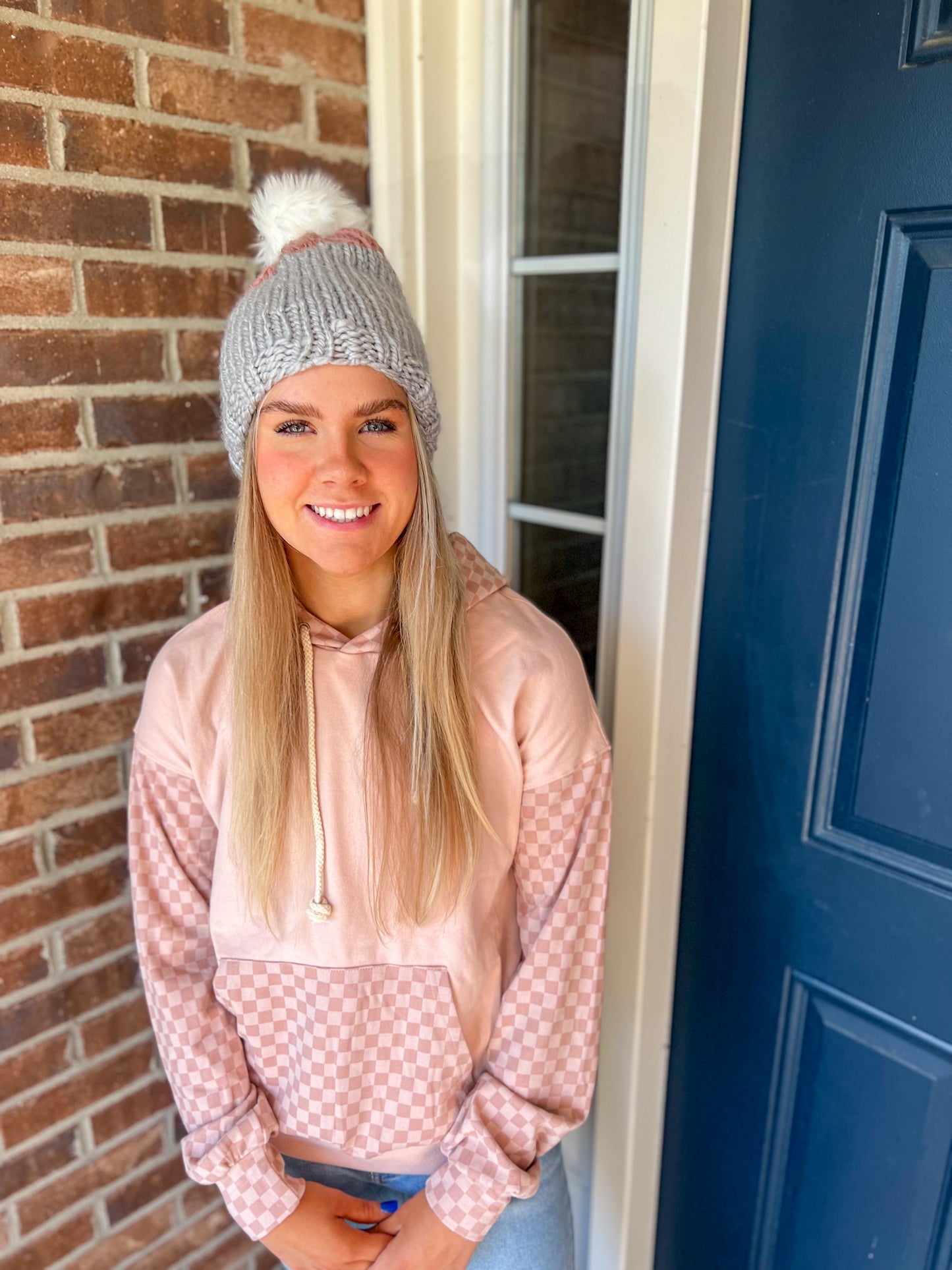 New! Chunky Knit Beanie - Gray and Pink