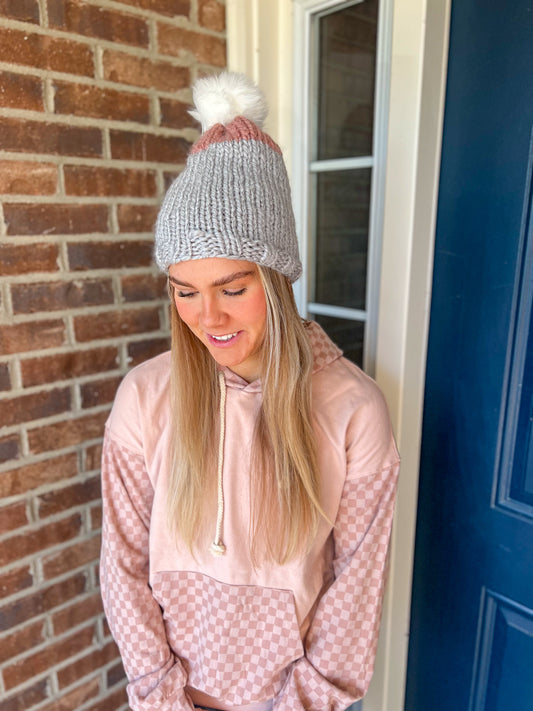 New! Chunky Knit Beanie - Gray and Pink