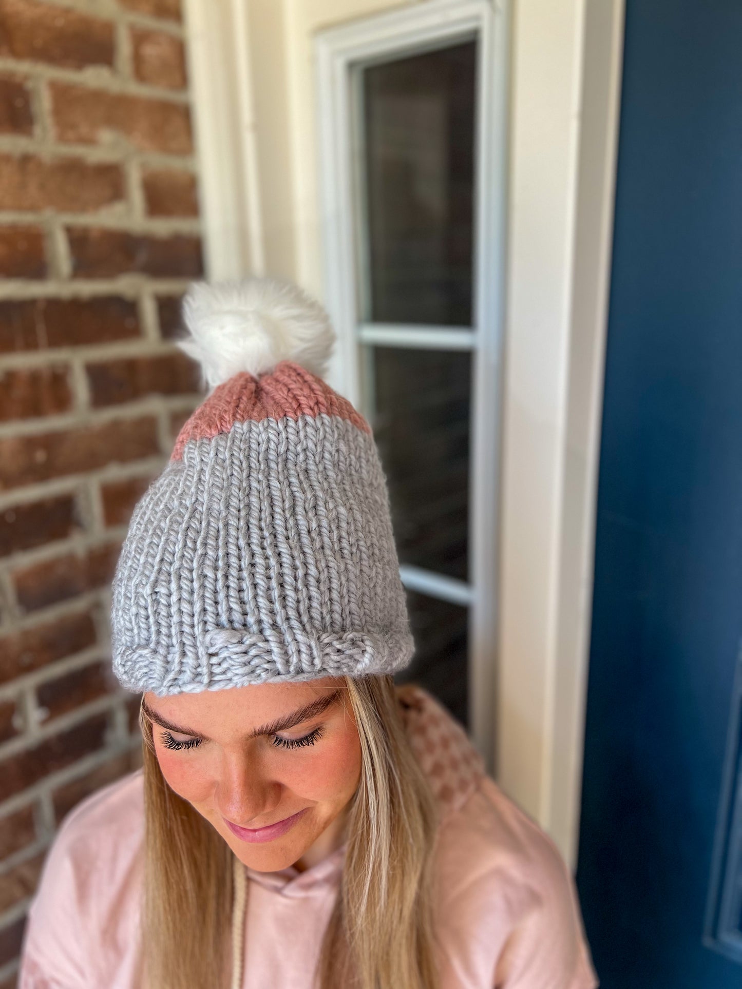 New! Chunky Knit Beanie - Gray and Pink