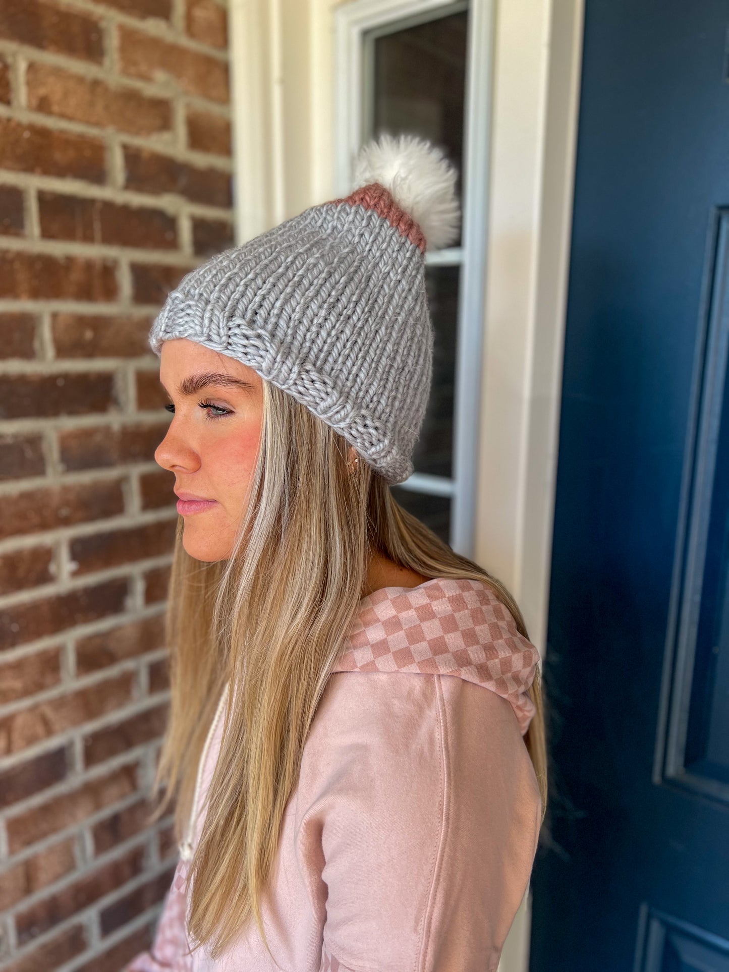 New! Chunky Knit Beanie - Gray and Pink