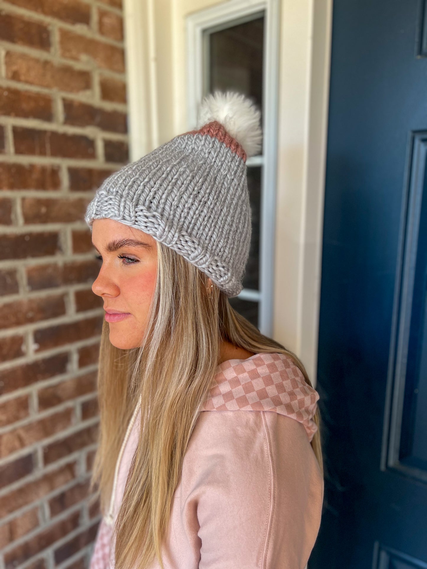 New! Chunky Knit Beanie - Gray and Pink