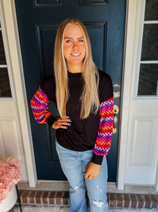 New! Gianna Black with Colorful Sleeves Top