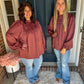 Maroon Mock Neck Satin Long Sleeve Blouse