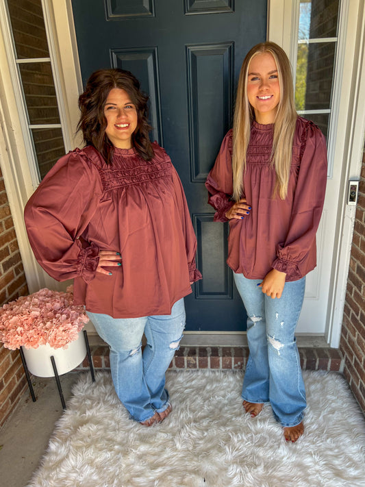 New! Maroon Mock Neck Satin Long Sleeve Blouse