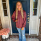 Maroon Mock Neck Satin Long Sleeve Blouse