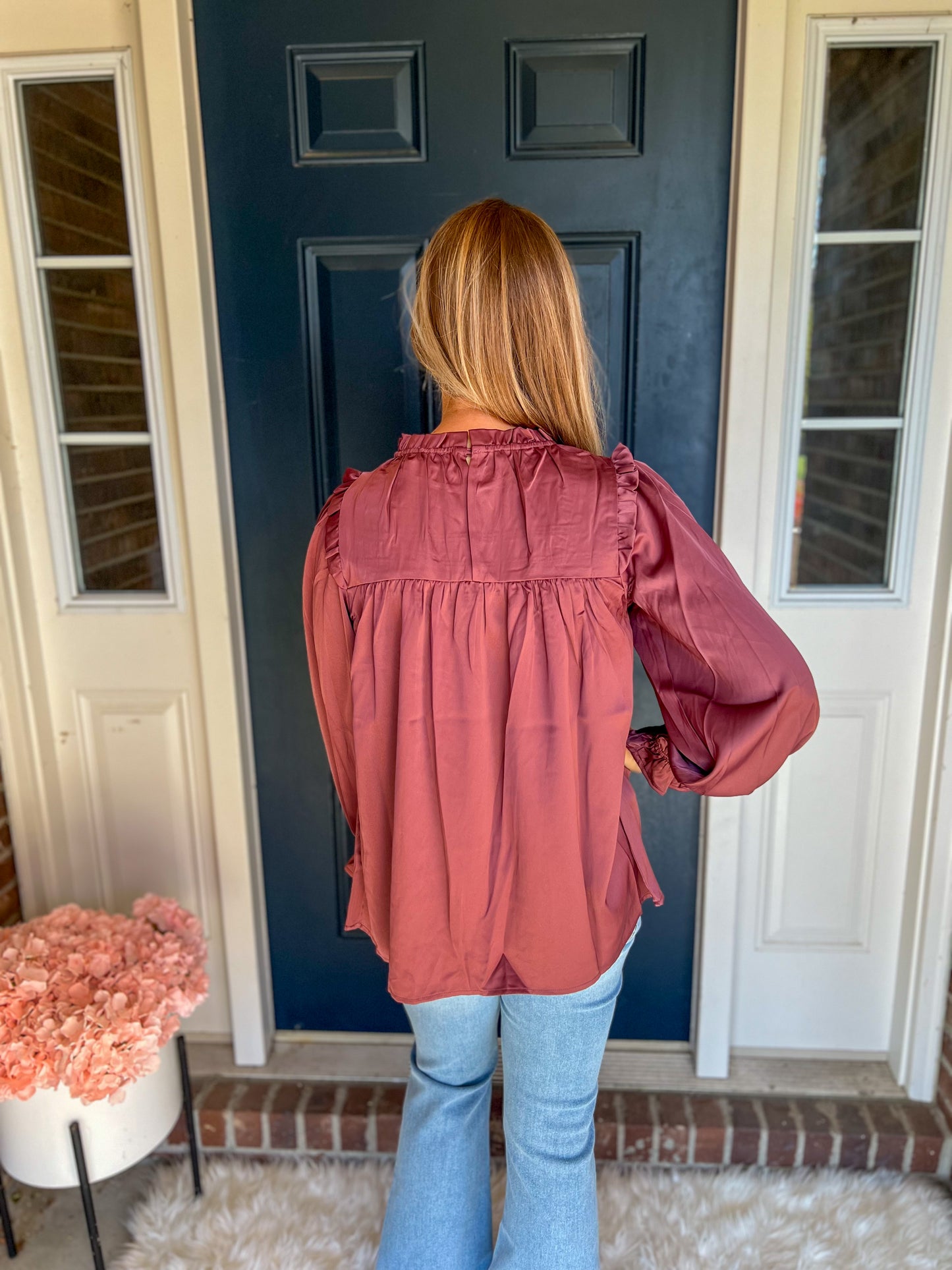 Maroon Mock Neck Satin Long Sleeve Blouse