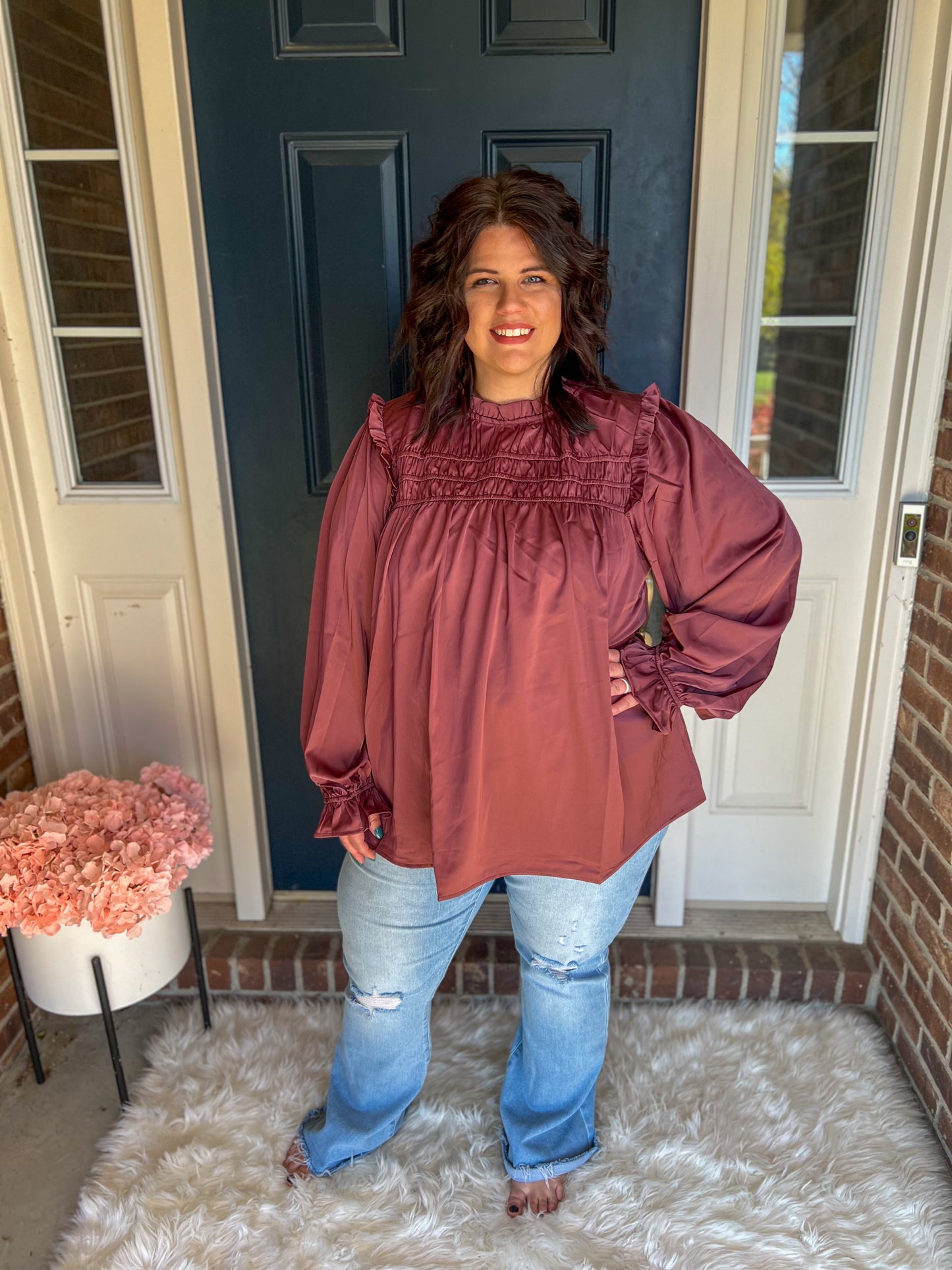 Maroon Mock Neck Satin Long Sleeve Blouse