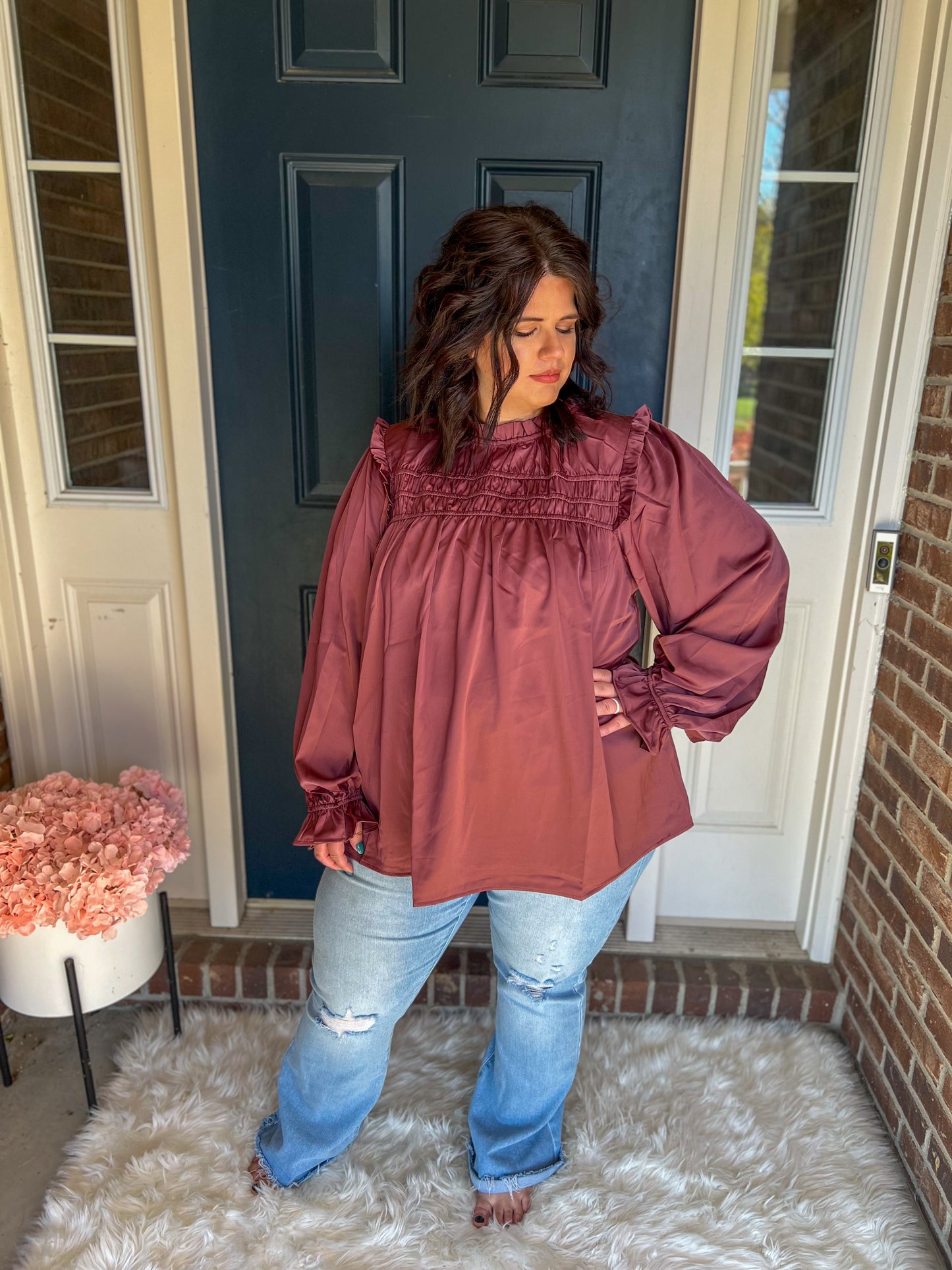 Maroon Mock Neck Satin Long Sleeve Blouse