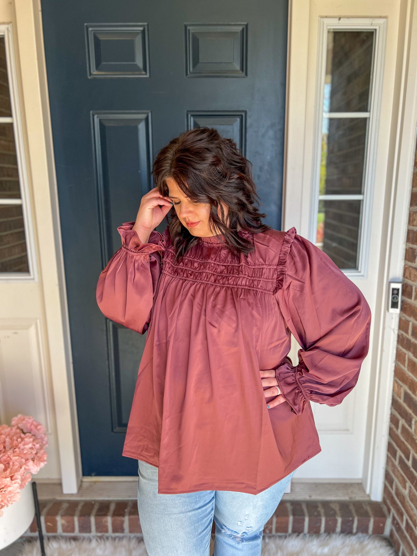 Maroon Mock Neck Satin Long Sleeve Blouse