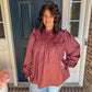 Maroon Mock Neck Satin Long Sleeve Blouse