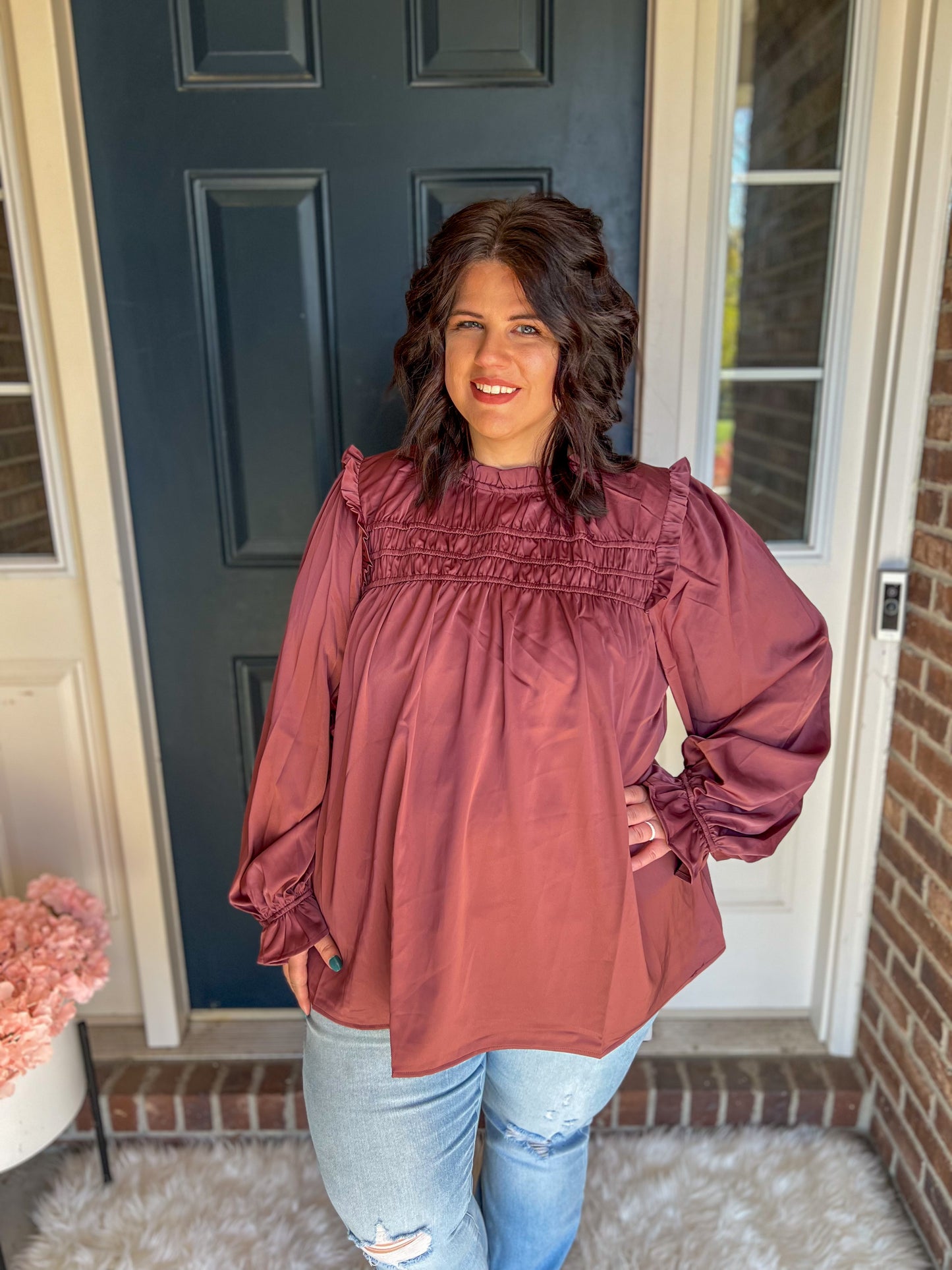 Maroon Mock Neck Satin Long Sleeve Blouse