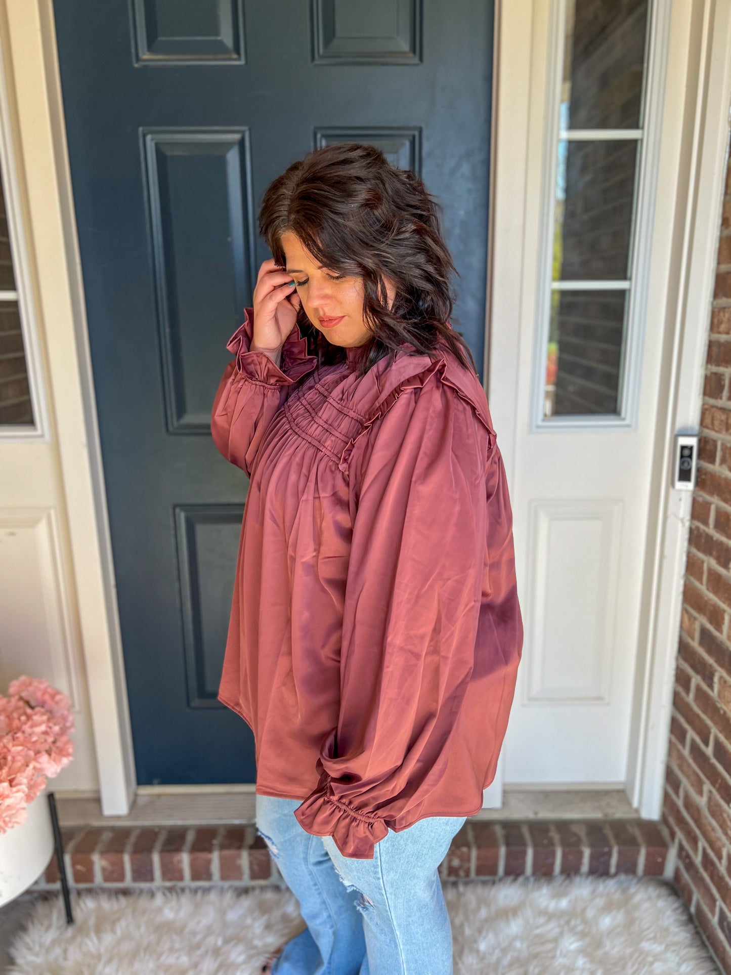 Maroon Mock Neck Satin Long Sleeve Blouse