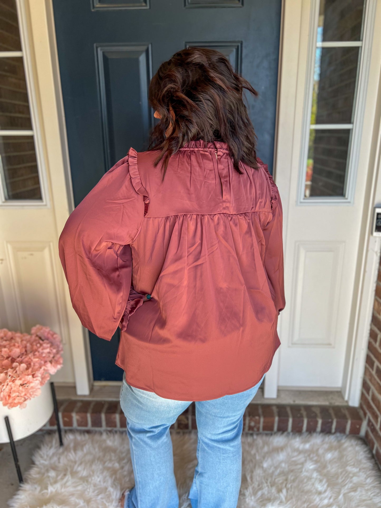 Maroon Mock Neck Satin Long Sleeve Blouse