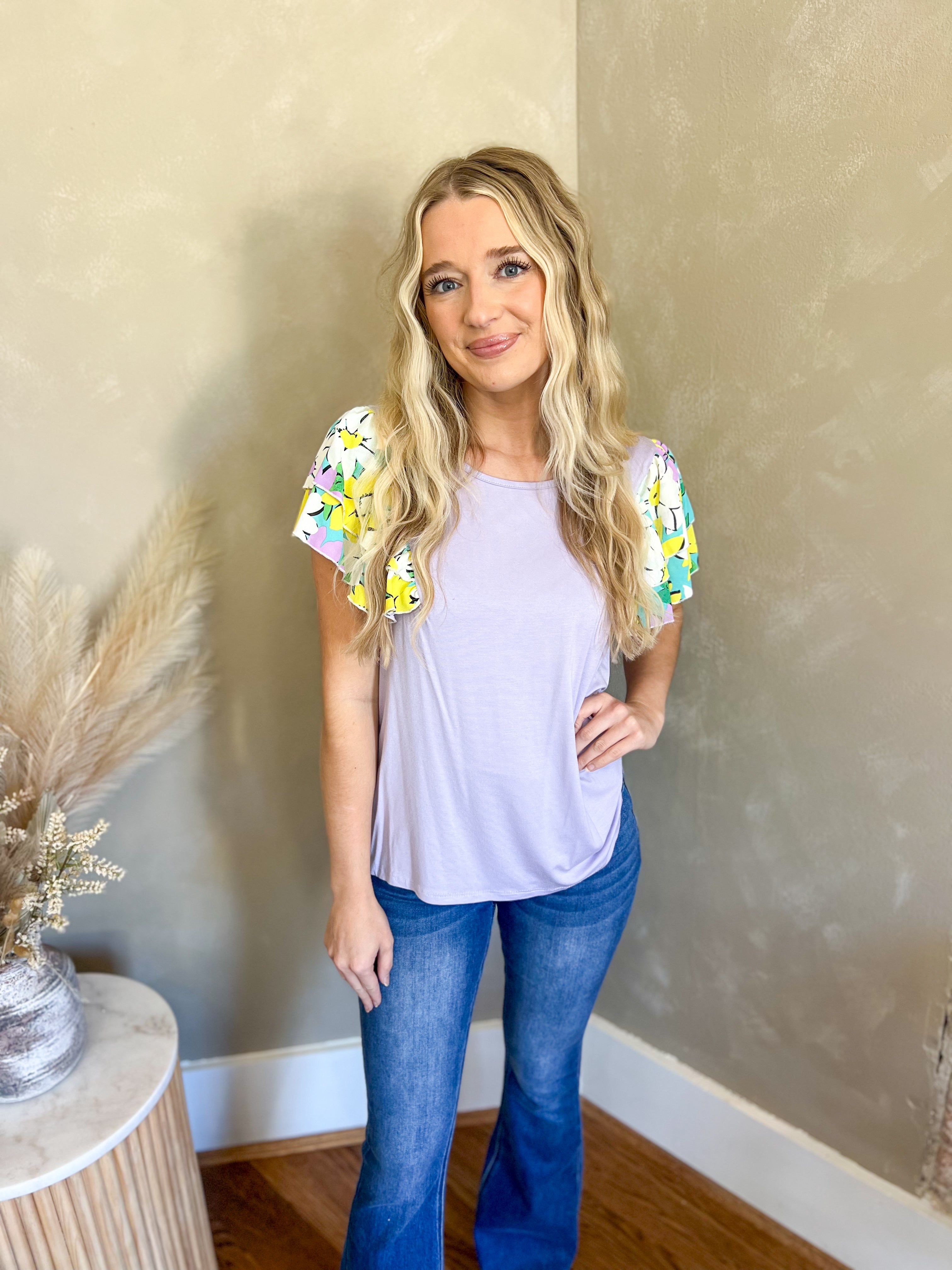 DOORBUSTER Nikki Lavender Floral Ruffle Sleeve Top