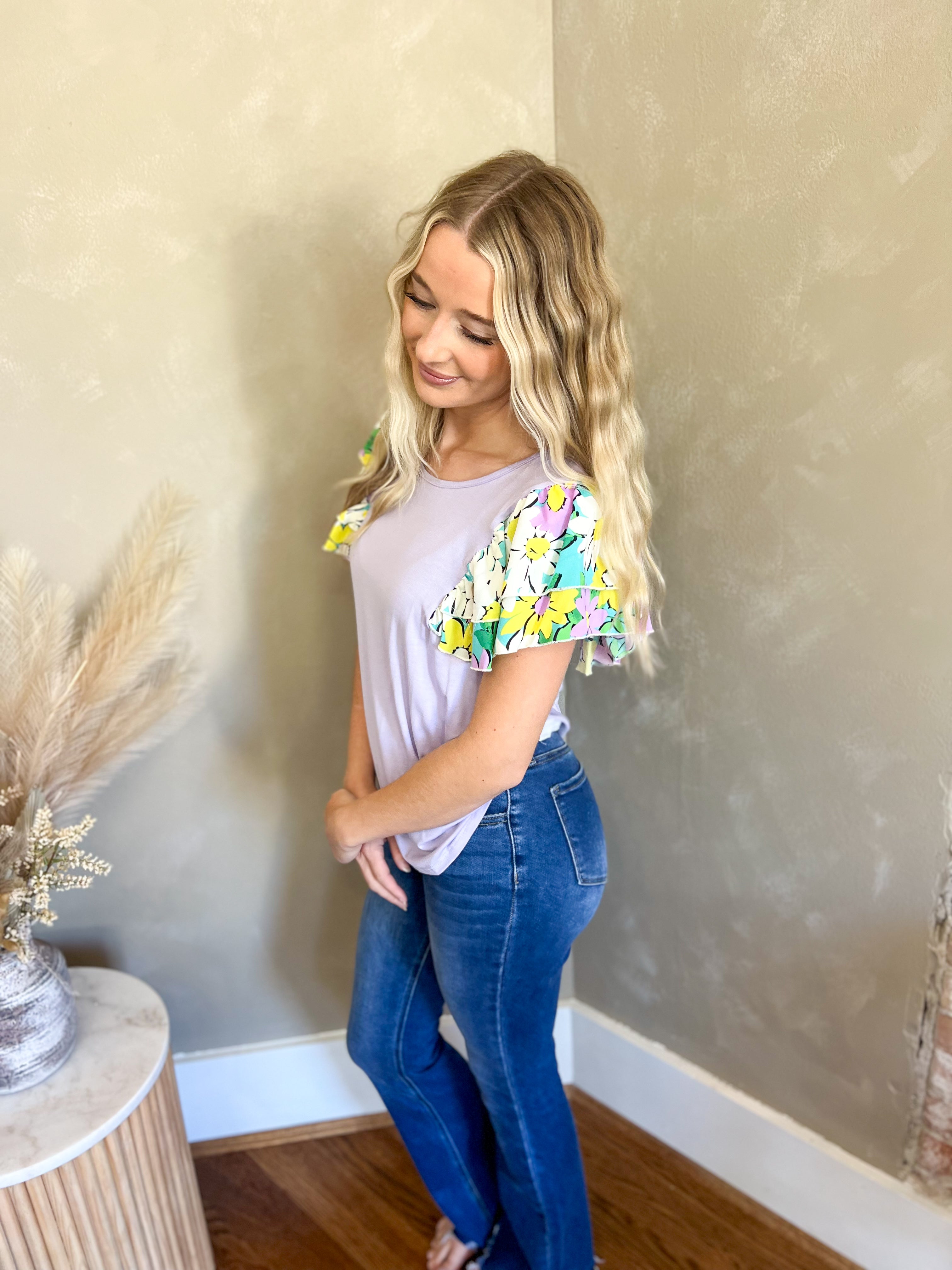 DOORBUSTER Nikki Lavender Floral Ruffle Sleeve Top