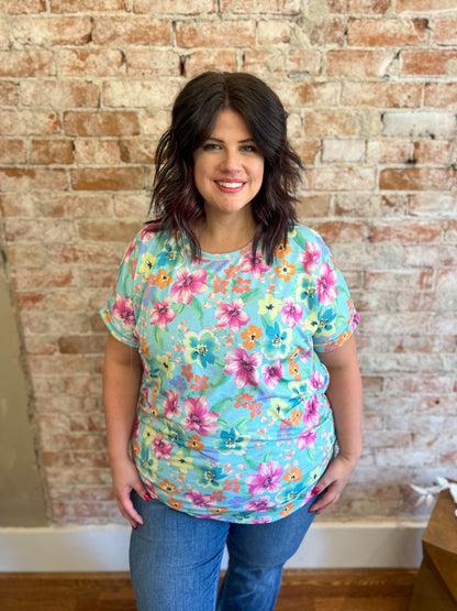 DOORBUSTER Melody Aqua Floral Short Sleeve Top