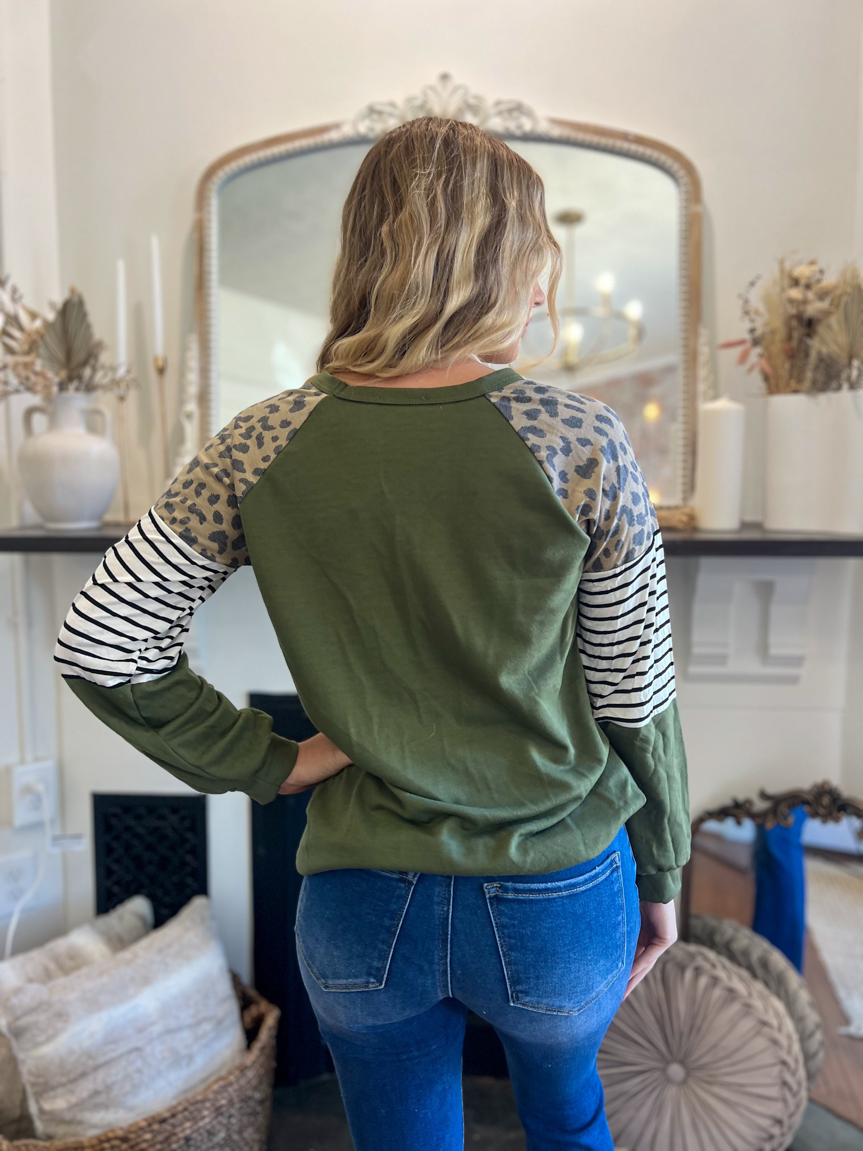 DOORBUSTER Olive with Leopard Accents Top