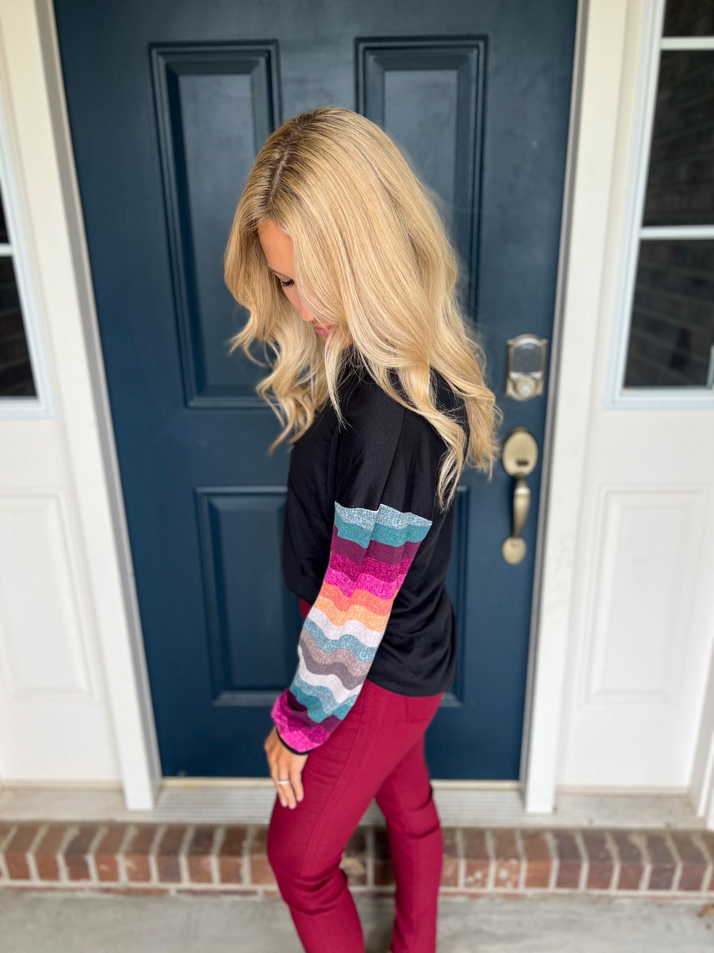 Black with Colorful Striped Sleeves Top