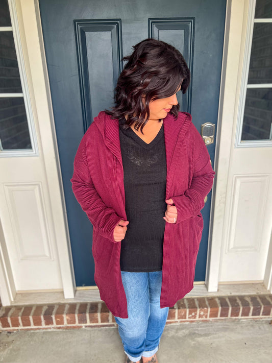 New! Hits Different Burgundy Hooded Cardigan