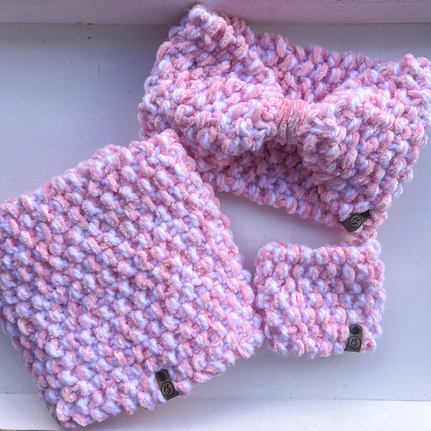 New! Icelyn Pink and White Knit Ear Warmer