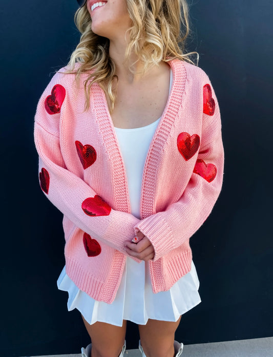 New! PREORDER Be Mine Pink with Red Sequin Hearts Cardigan