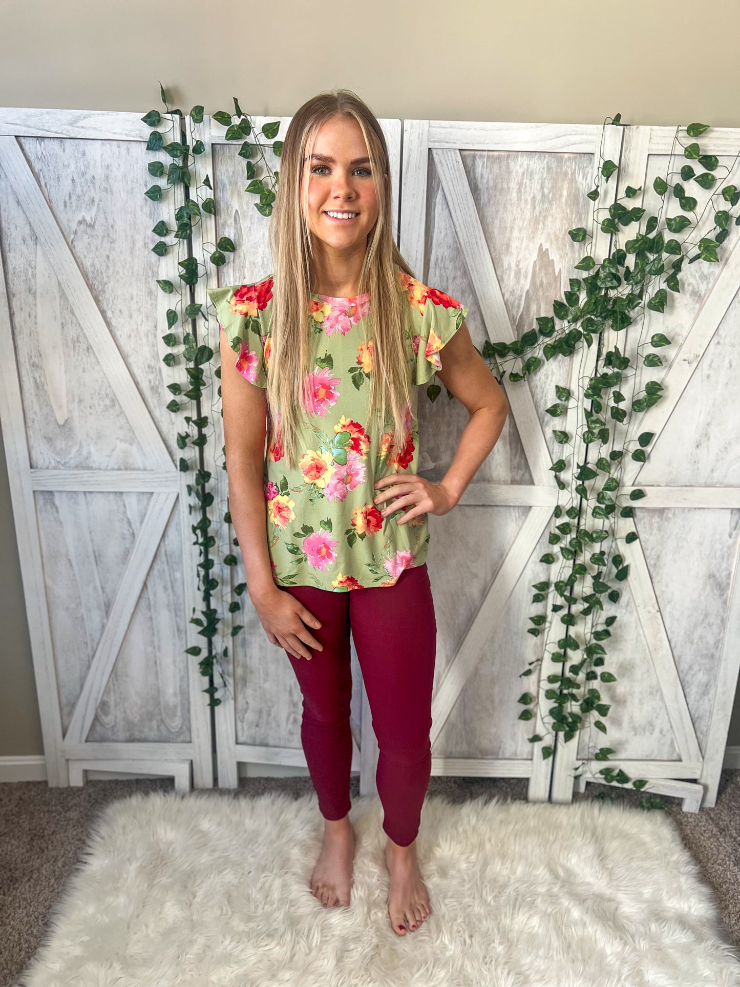 New! Sage Floral Ruffle Sleeve Top