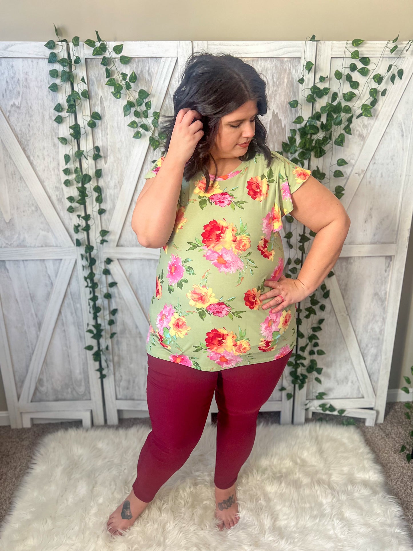 New! Sage Floral Ruffle Sleeve Top