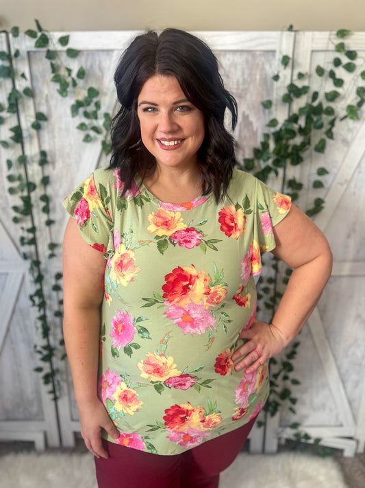 New! Sage Floral Ruffle Sleeve Top