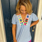 New! Blue with Colorful Crochet Details Top