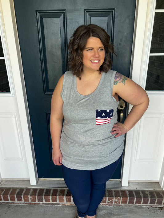 Gray with Stars and Stripes Pocket Tank Top