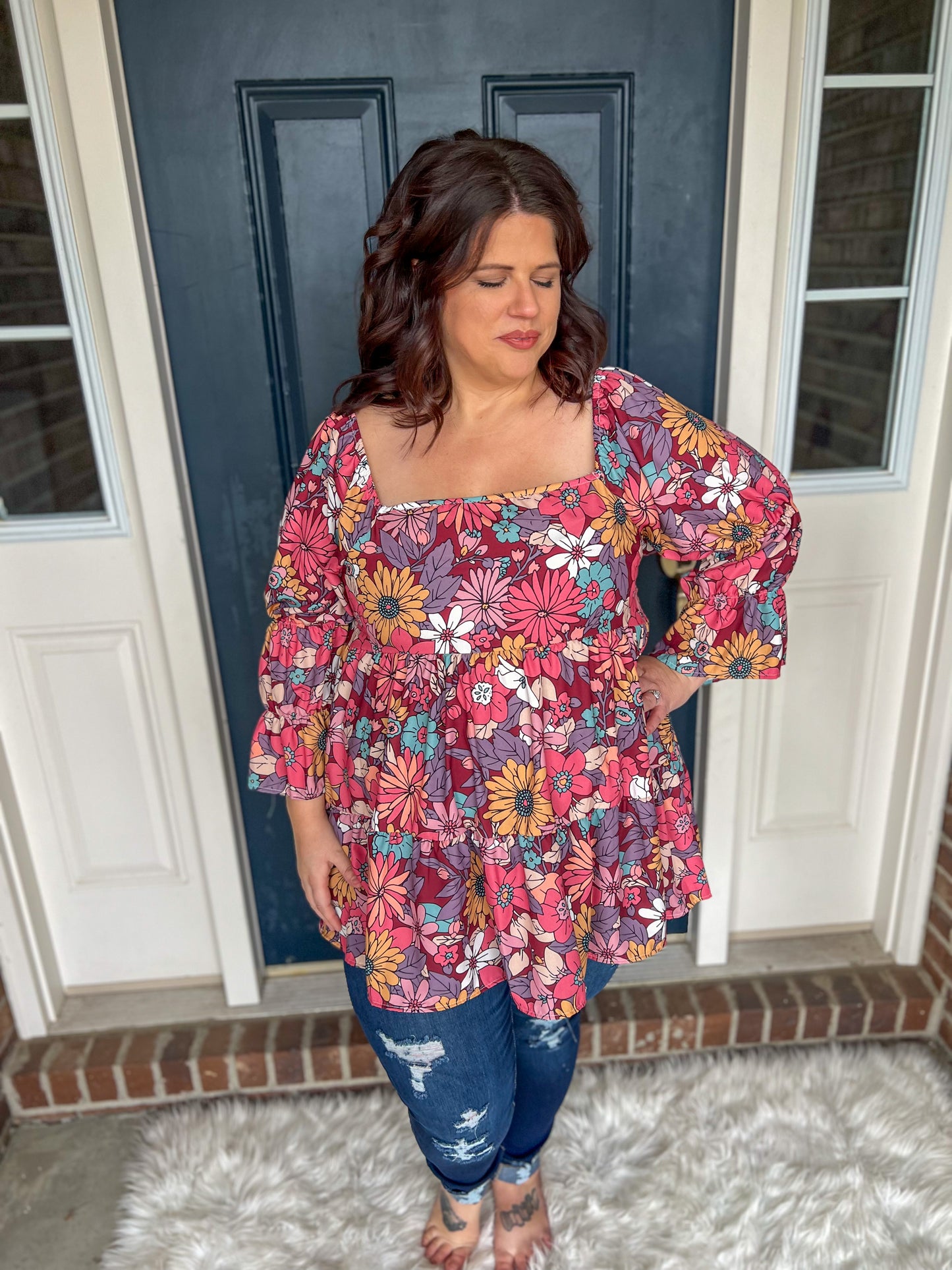 New! Waiting for You Floral Peasant Blouse