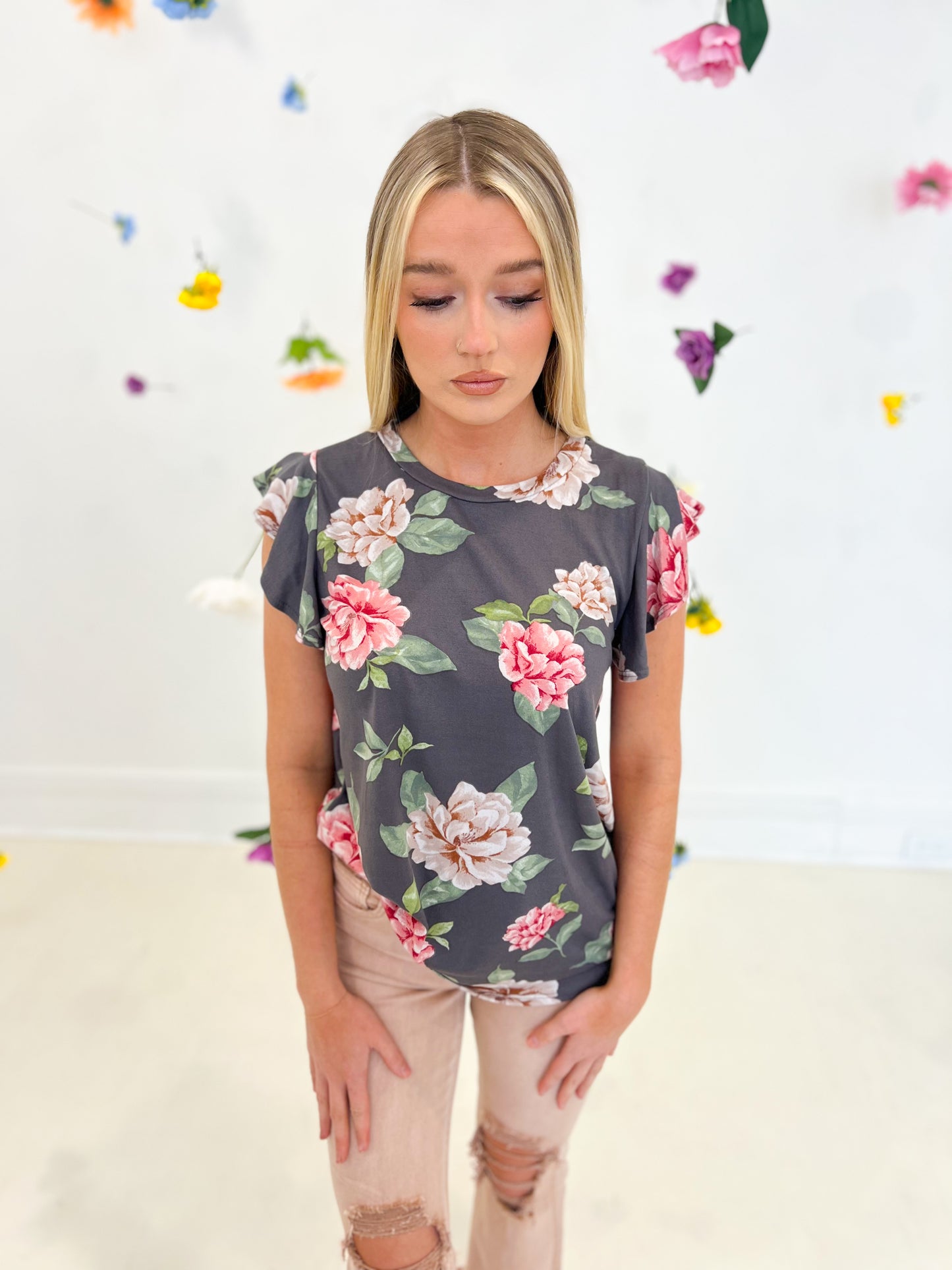 New! Charcoal Floral Short Sleeve Top