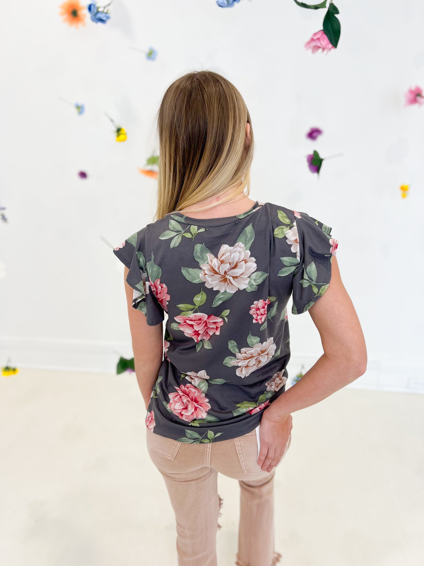 New! Charcoal Floral Short Sleeve Top