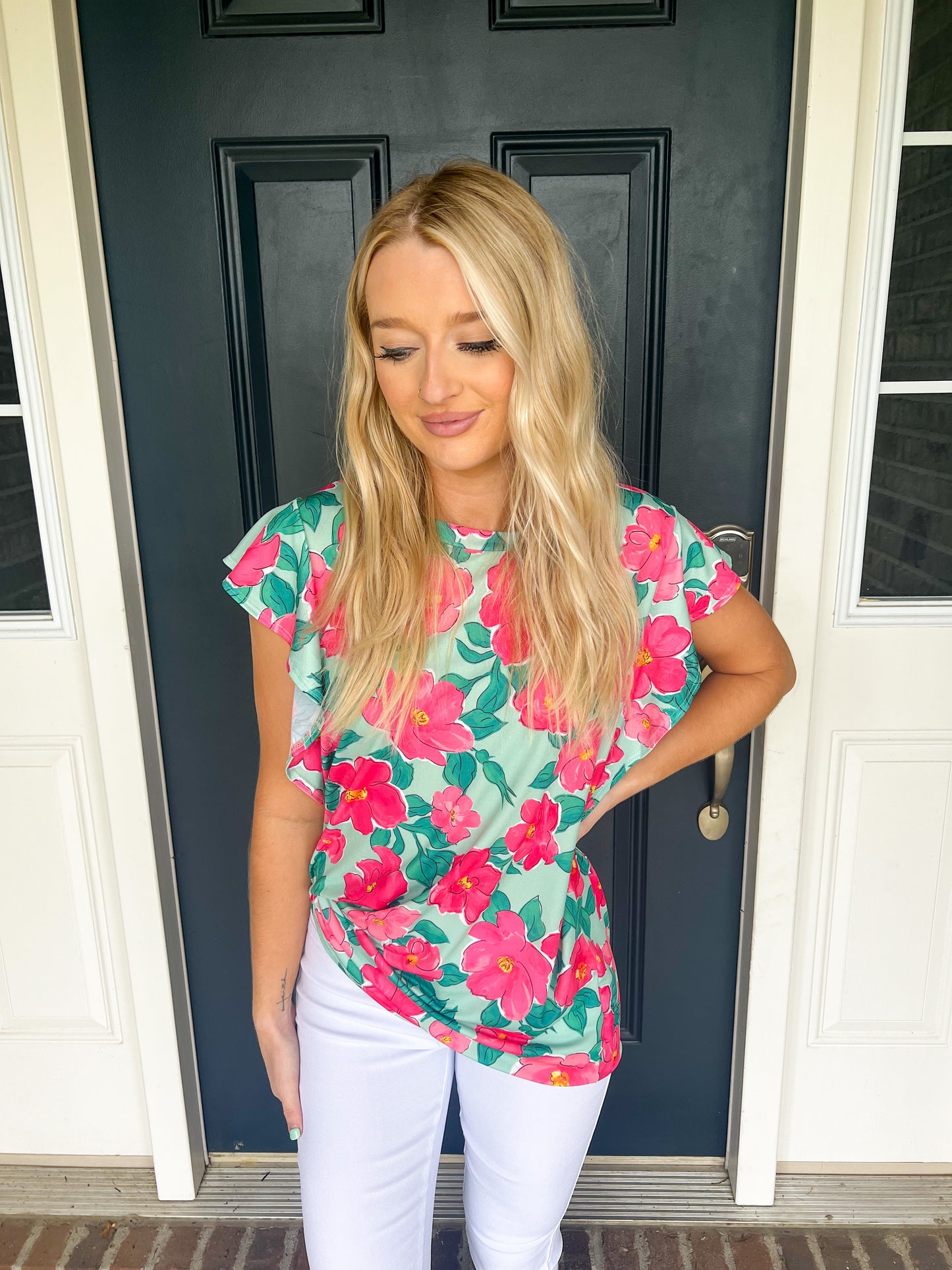 Brynne Mint and Pink Flowers Top