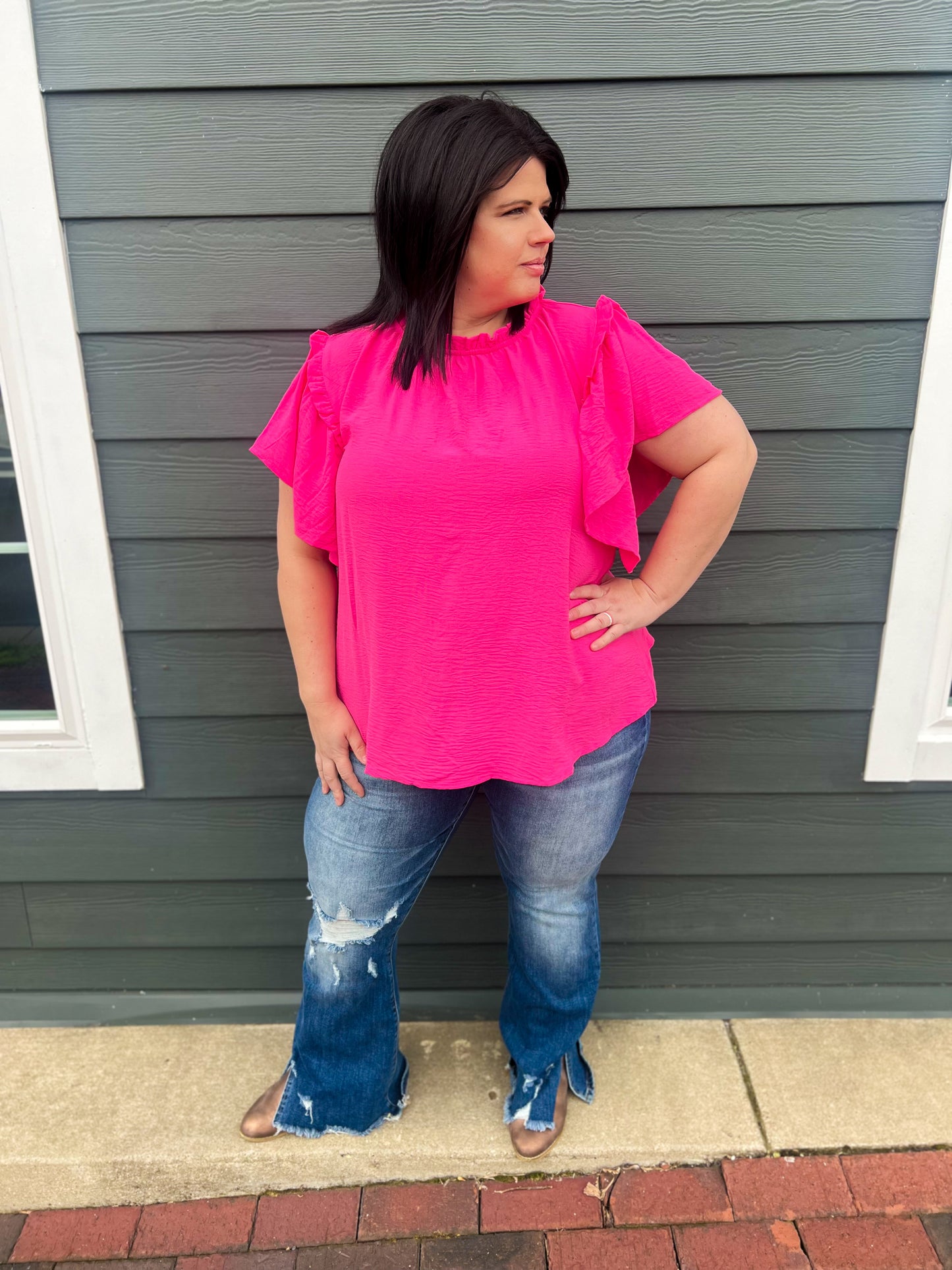 New! Serena Flutter Sleeve Blouse - Hot Pink