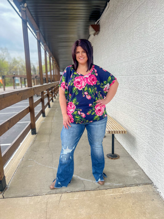 New! Navy Floral Dolman Sleeve Top