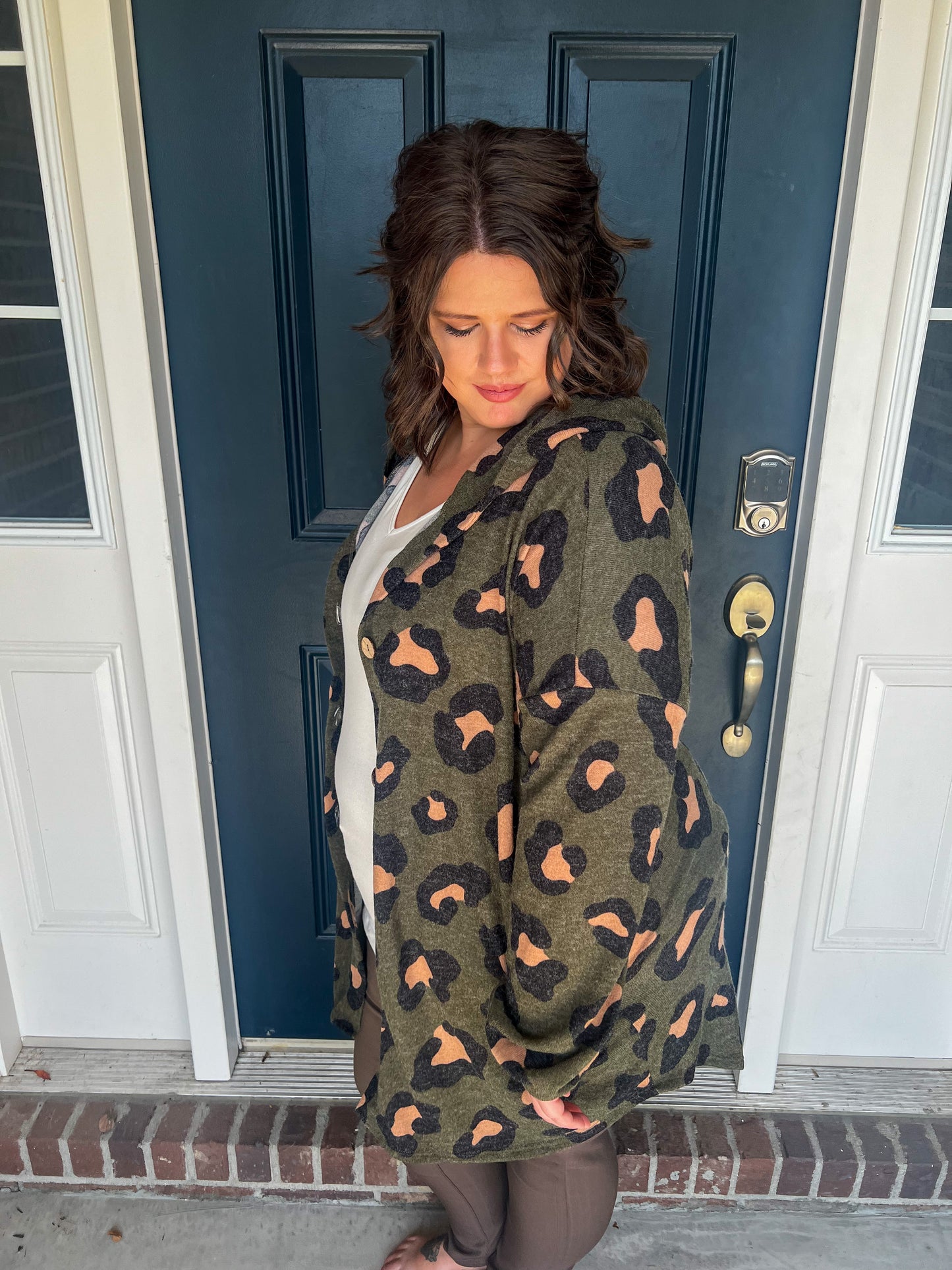 New! Olive Leopard Hooded Cardigan with Pockets