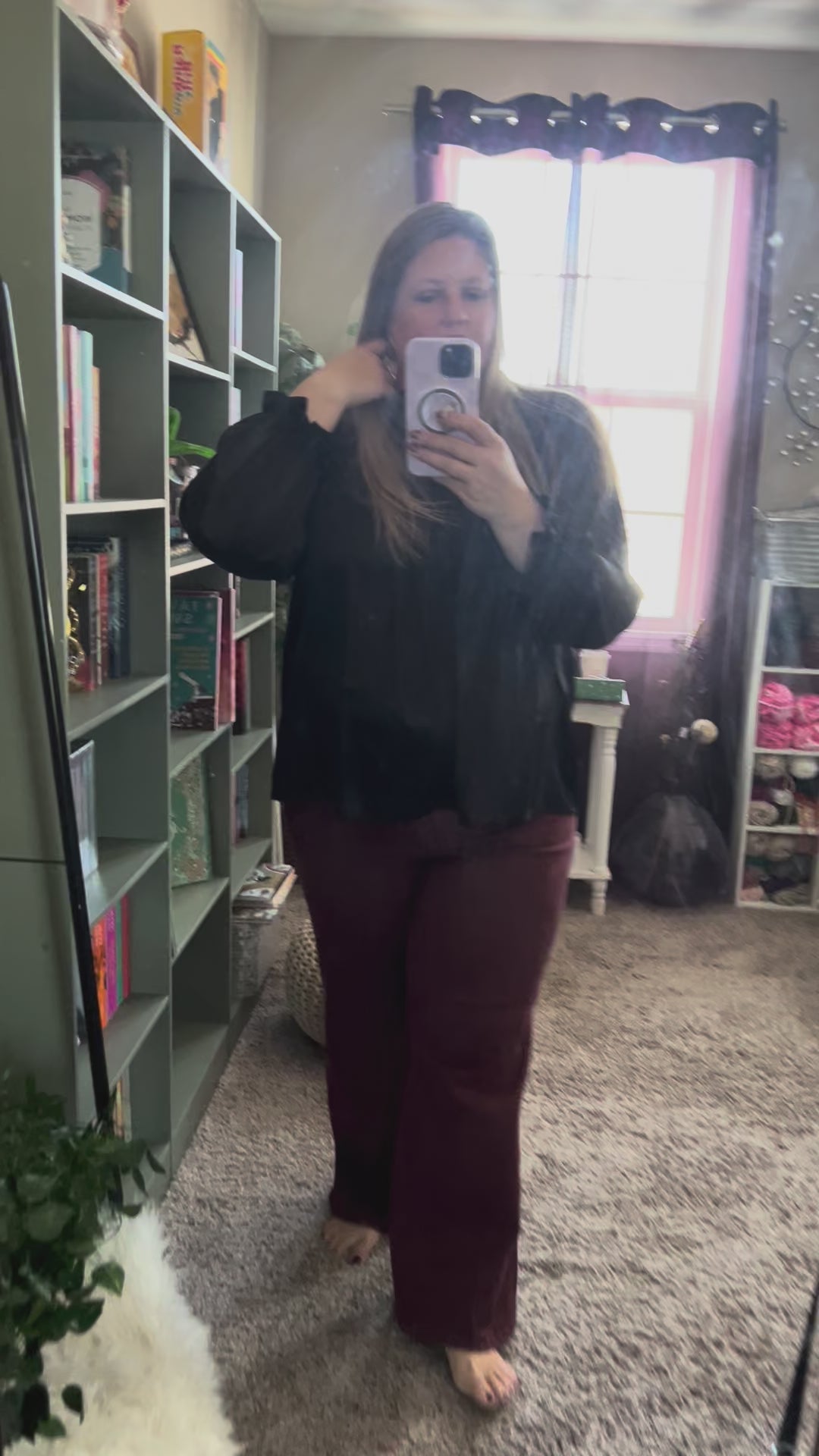 Black Mock Neck Satin Long Sleeve Blouse