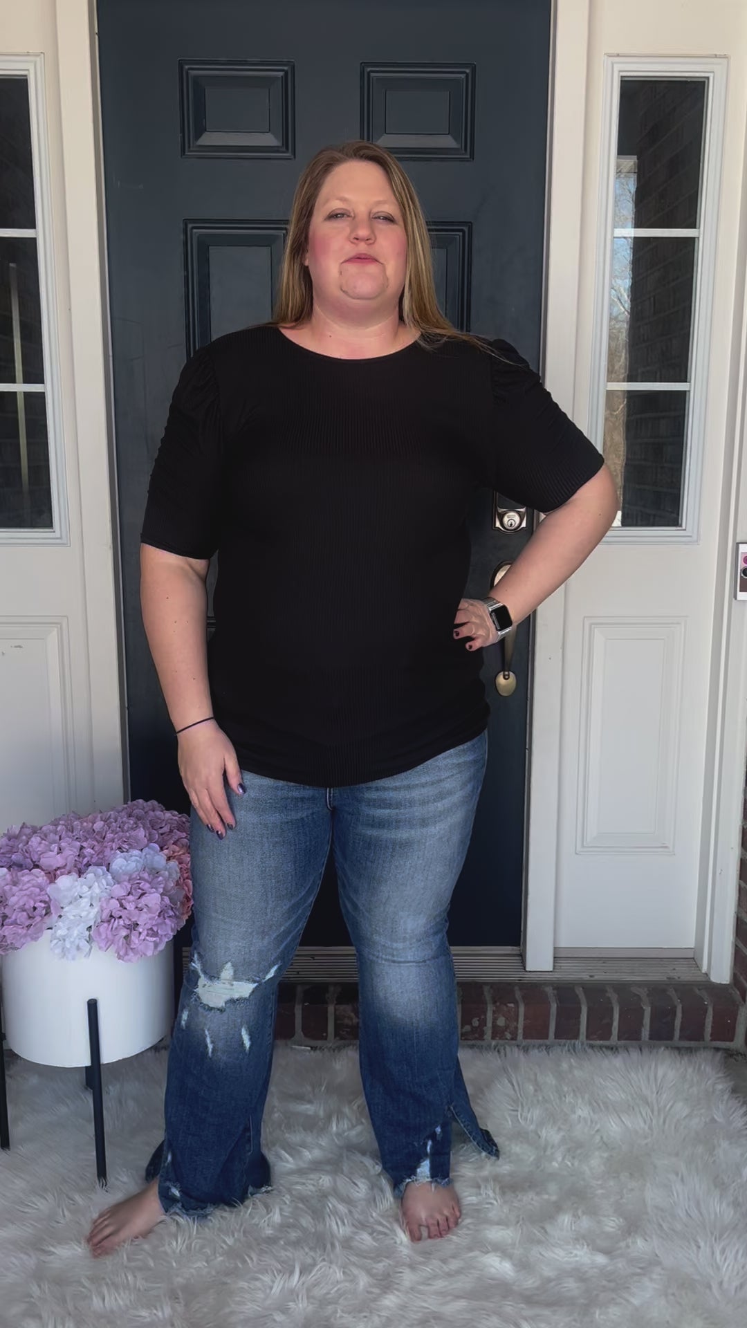 Load video: Avery Black Ruched Sleeves Top