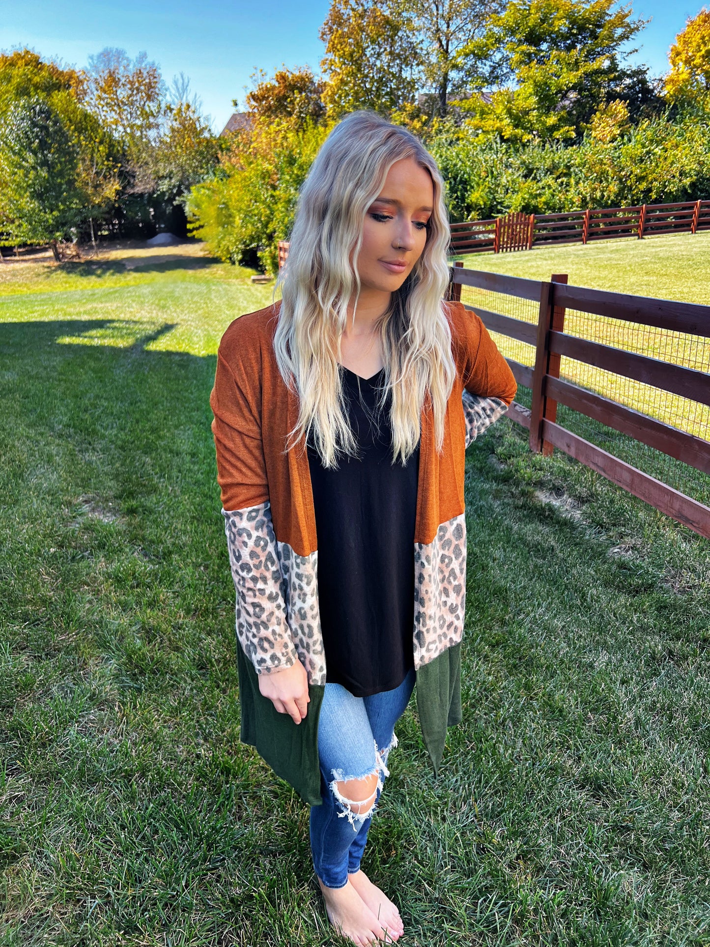 Rust, Leopard and Olive Color Block Cardigan