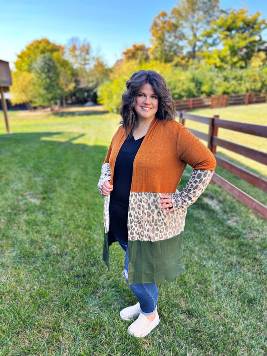 Rust, Leopard and Olive Color Block Cardigan