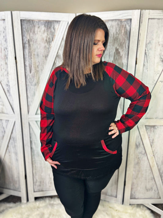 Black and Red Buffalo Plaid Sleeve Top