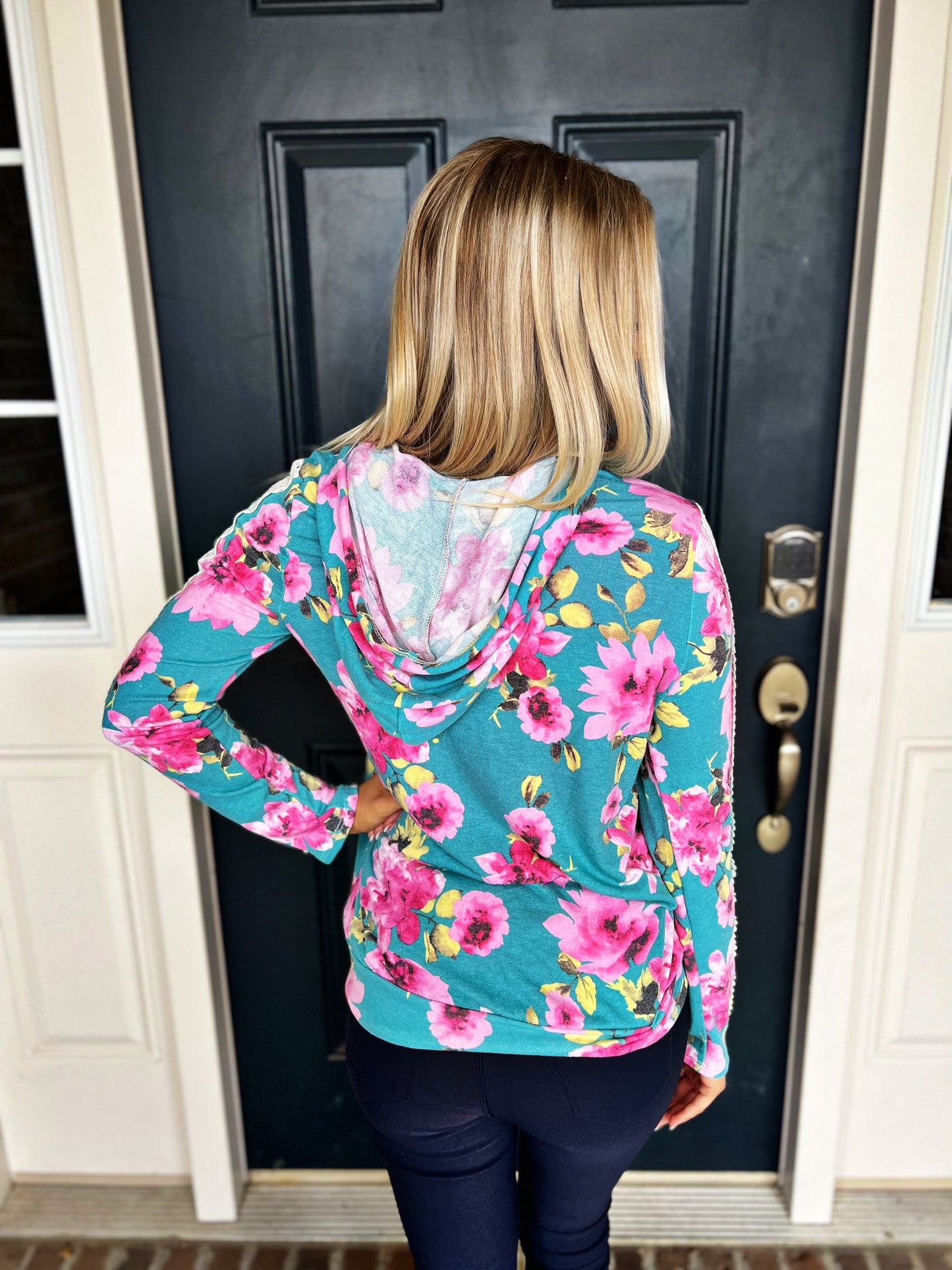 Teal Floral and Lace Accents Hoodie