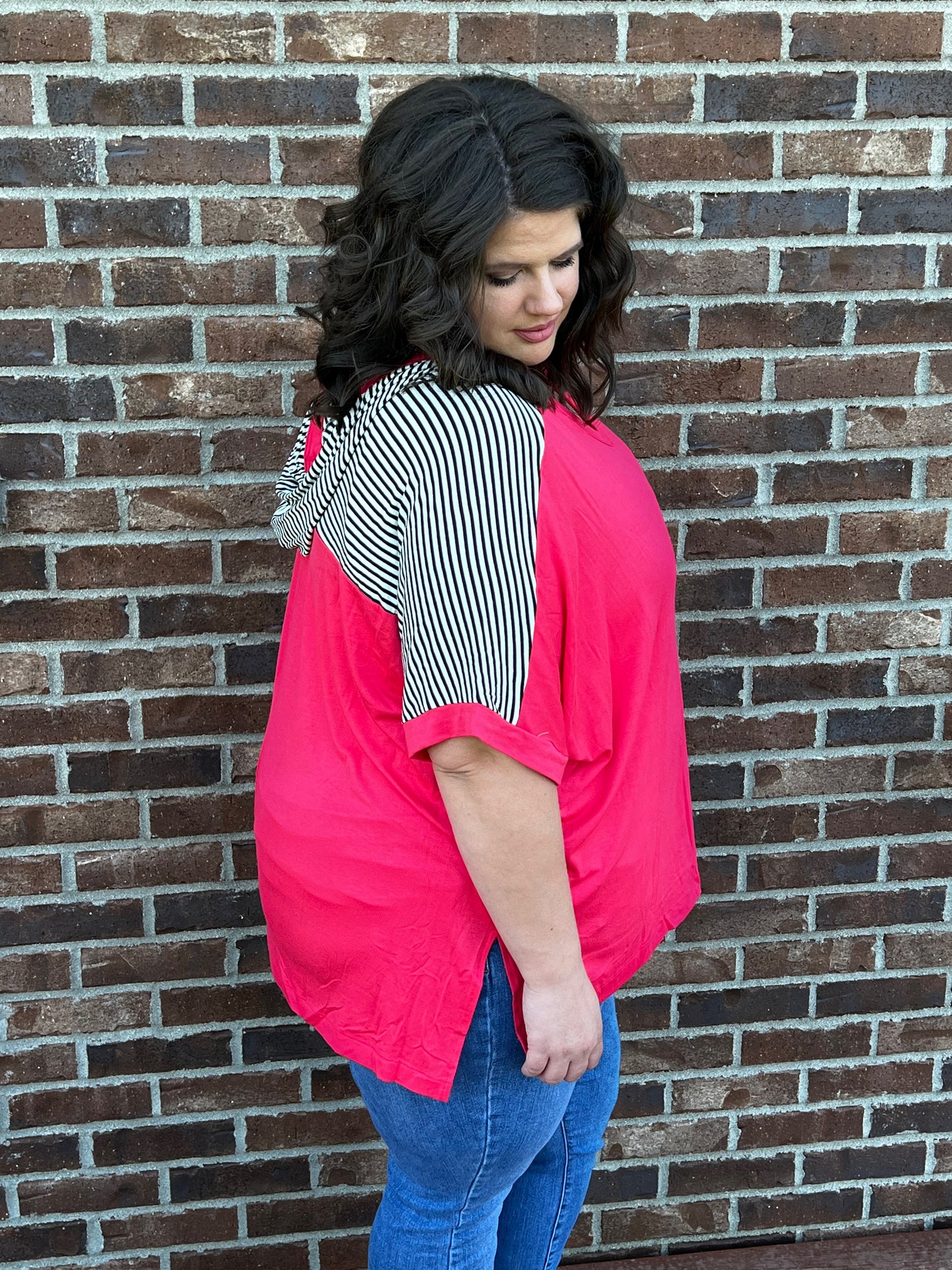 Bright Pink and Stripe Accent Hooded Short Sleeve Top