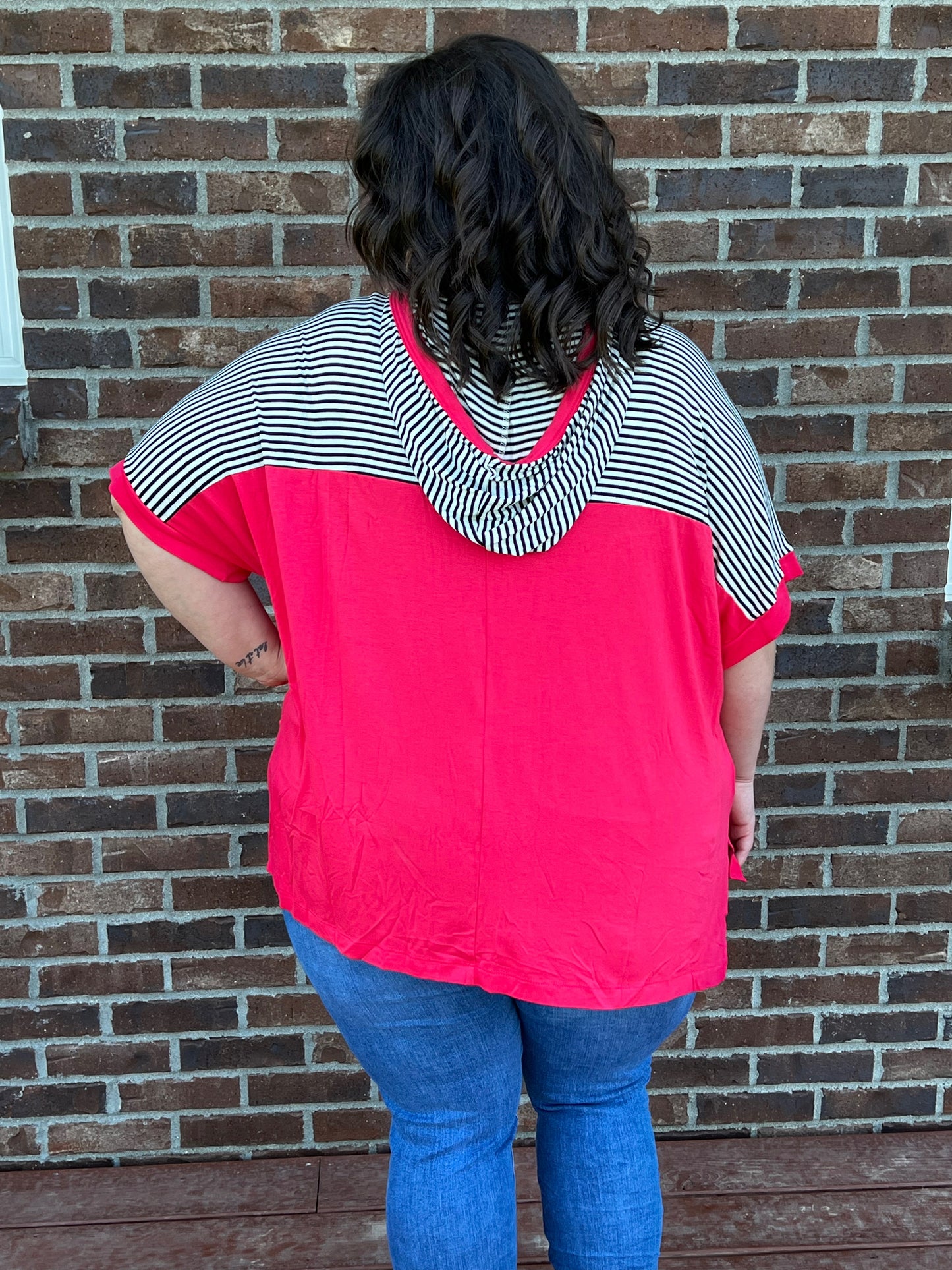 Bright Pink and Stripe Accent Hooded Short Sleeve Top