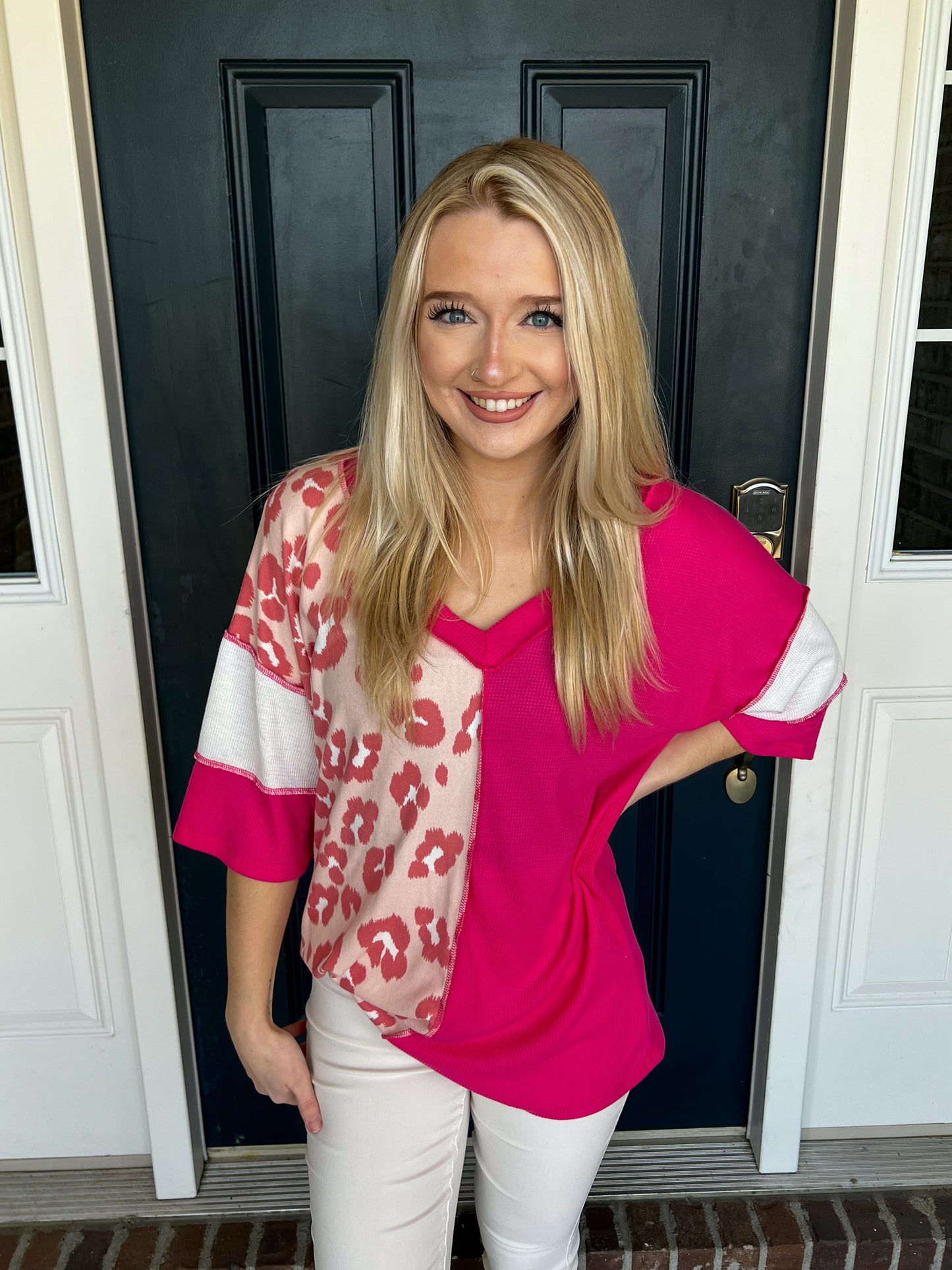 Hot Pink and Leopard Color Block Top