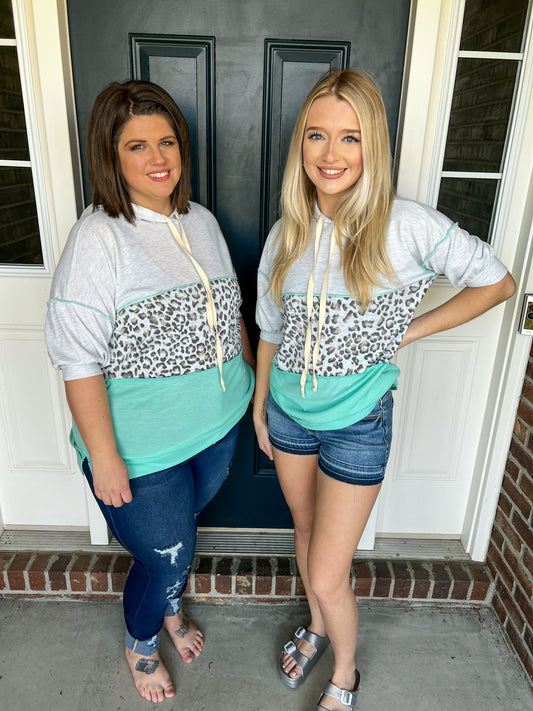 Mint and Gray Leopard Color Block Short Sleeve Hoodie